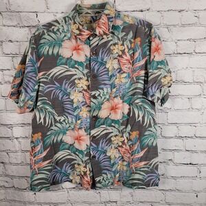Men's‎ Island Republic Large Gray Floral Hawaiian Button 100% Silk Shirt
